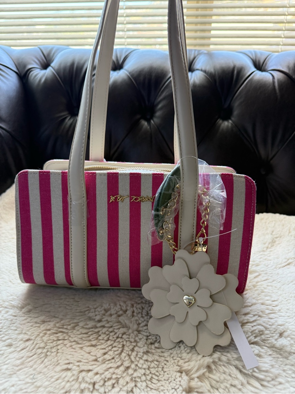 Betsey Johnson NWT Striped Pink & White Tote with Floral Charm